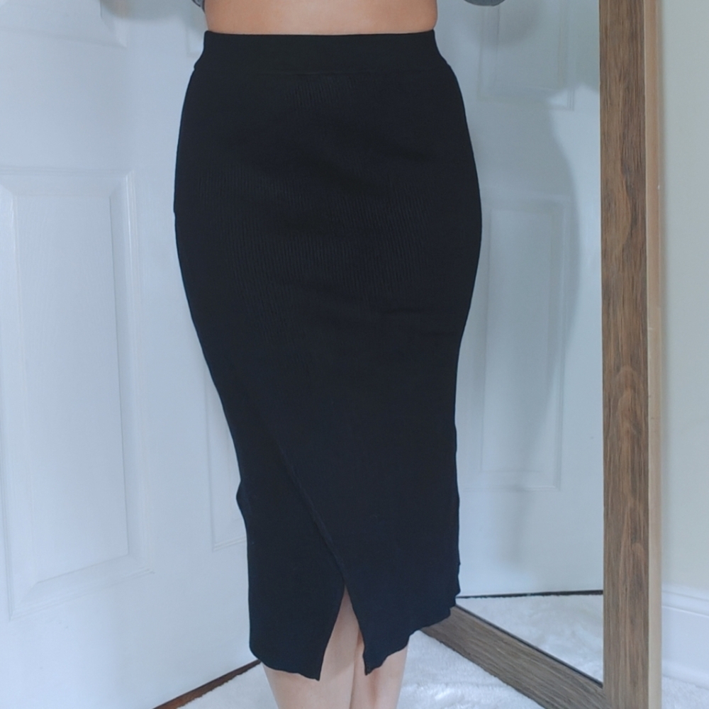 JustFab Small Rib Knit Midi Skirt Black Asymmetrical Side Slit Straight Pencil